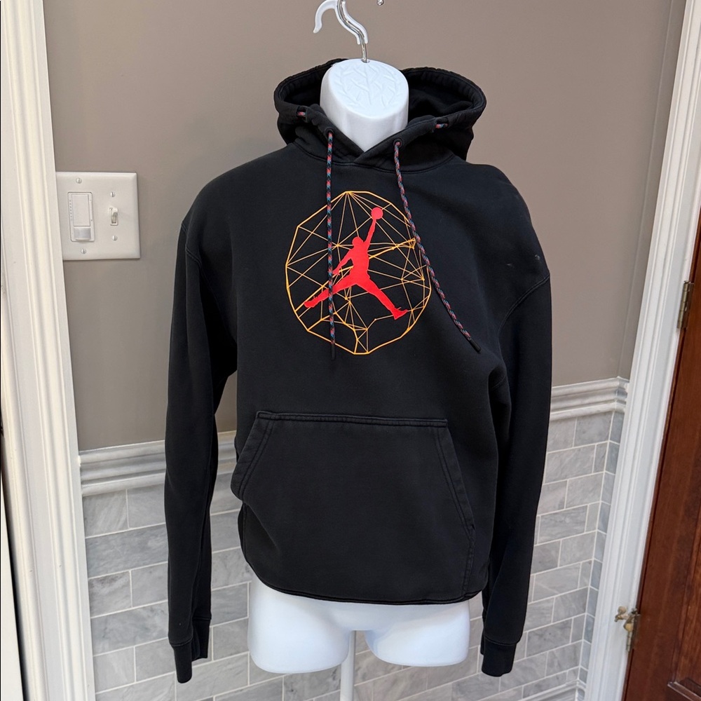 Jordan Black Hoodie with Geometric Red and Orange Design